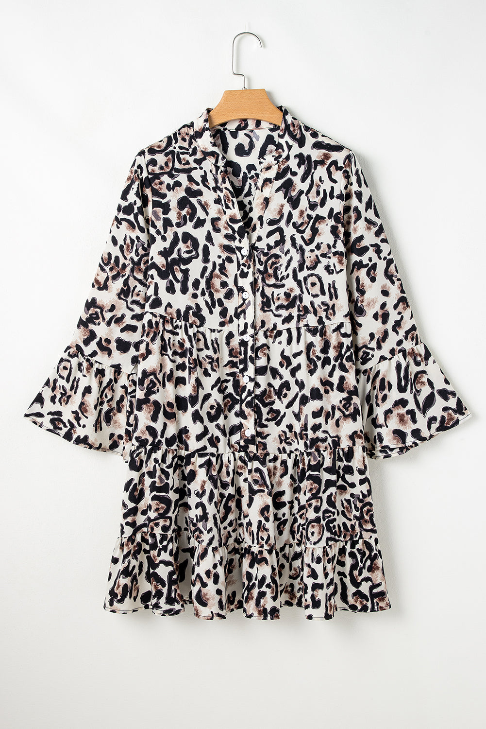 Leopard Print Buttoned Front 3/4 Sleeve Tiered Ruffled Hem Dress