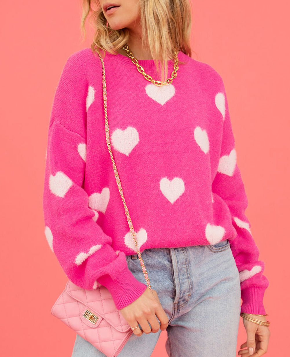 Fuzzy Valentine Hearts Drop Shoulder Sweater