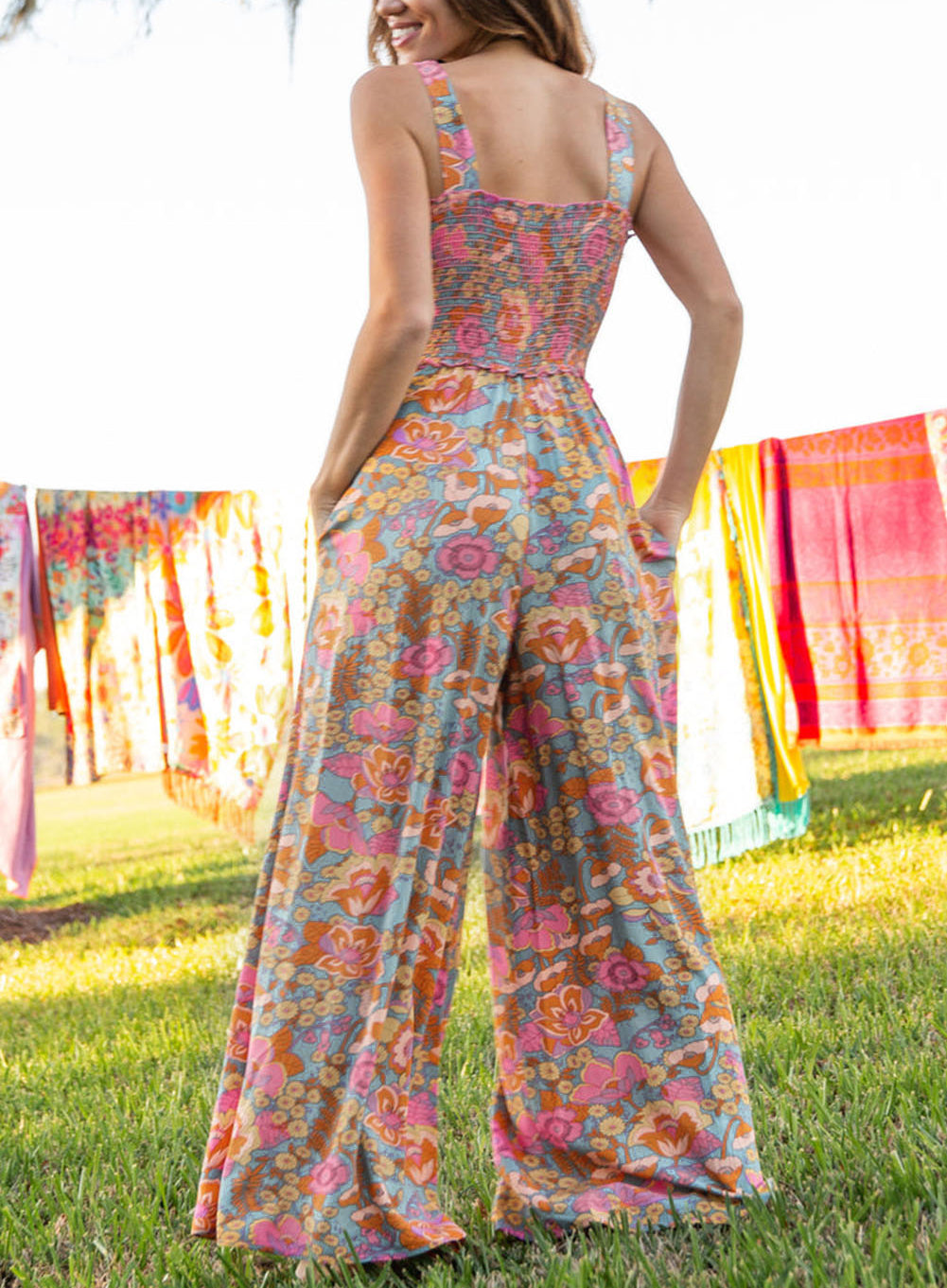 Boho Floral Smocked Sleeveless Wide-Leg Pocket Jumpsuit