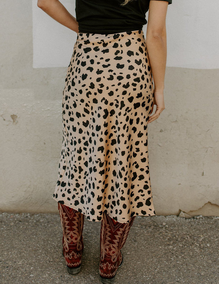 Leopard Spots Printed Split Hem Midi Skirt