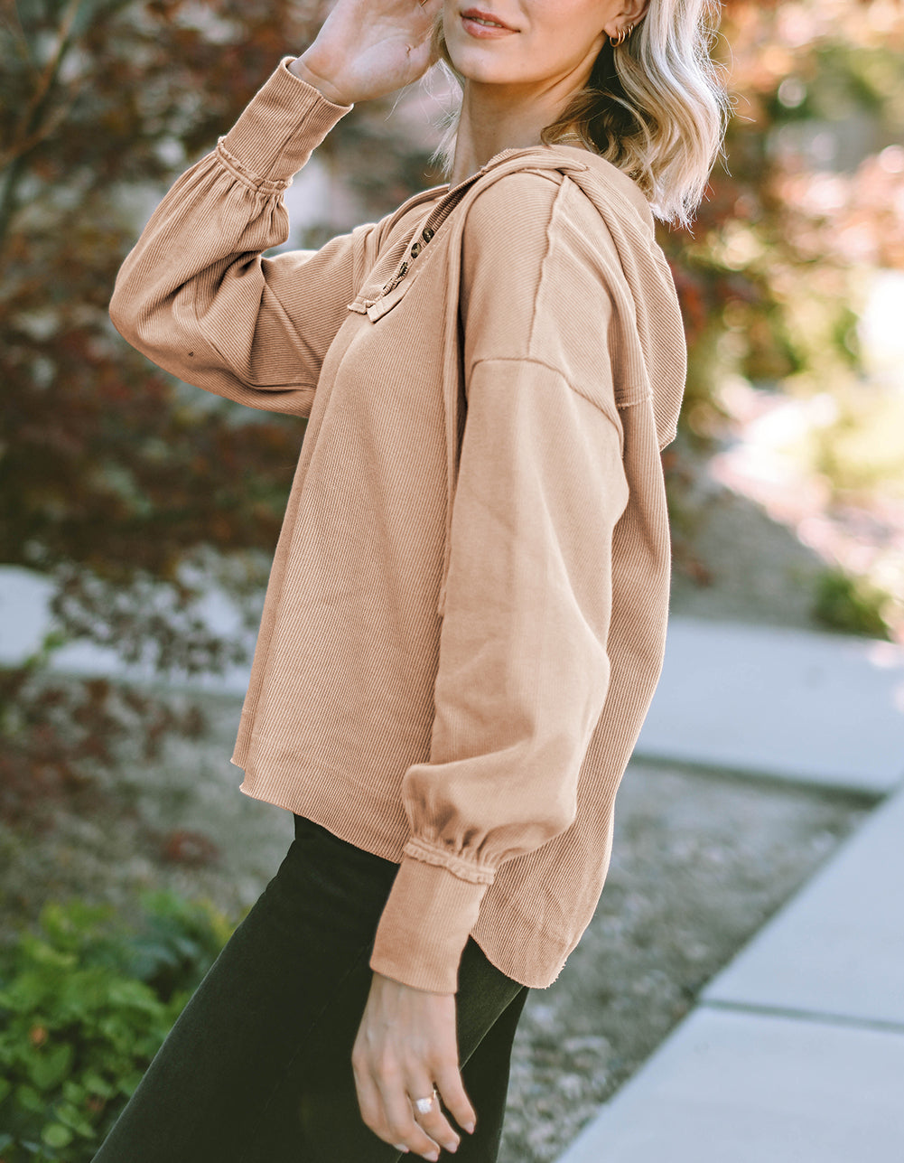 Buttoned V Neck Drawstring Knit Hoodie