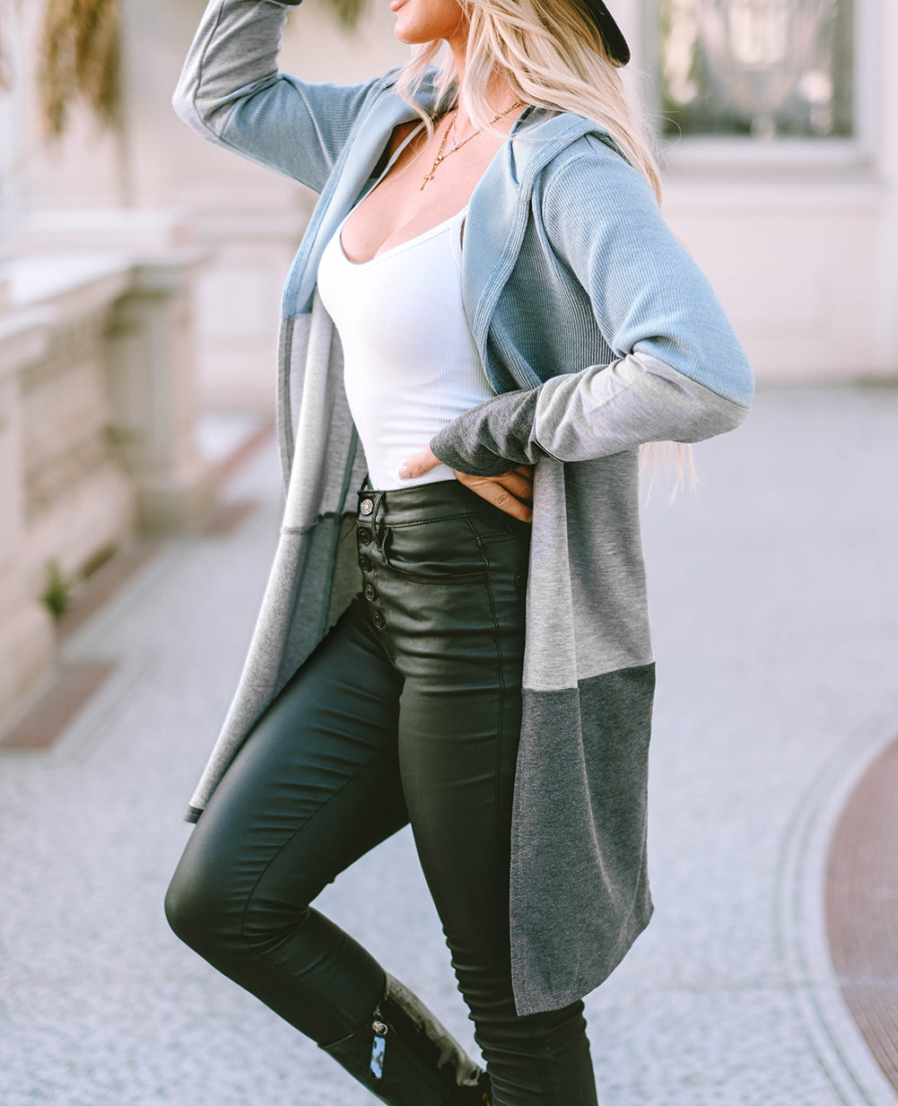 Color Block Patchwork Open Front Hooded Cardigan