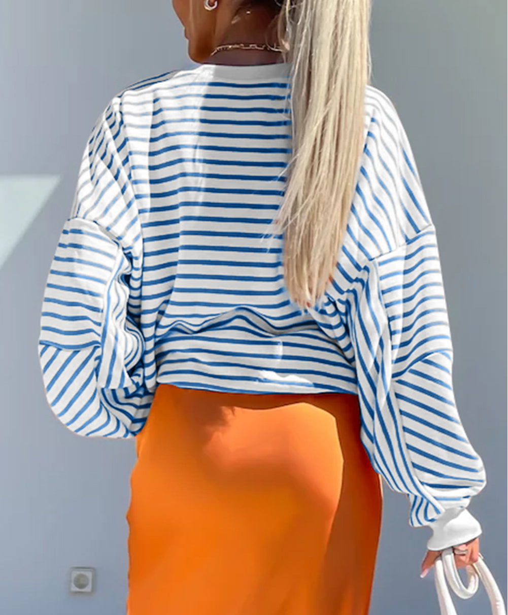 Stripe Drop Shoulder Crew Neck Loose Sweatshirt