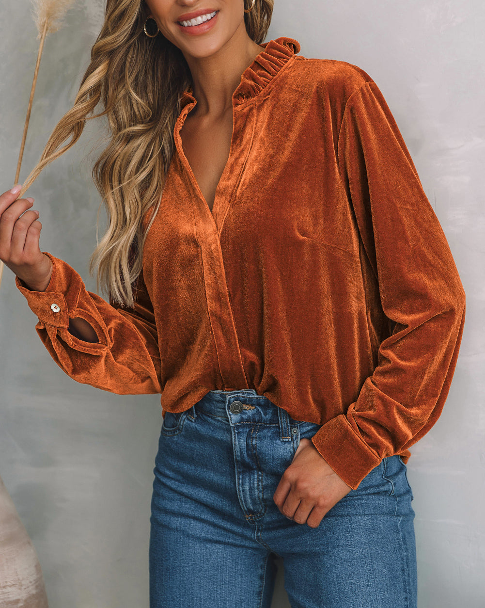Frilled Collar Velvet Shirt