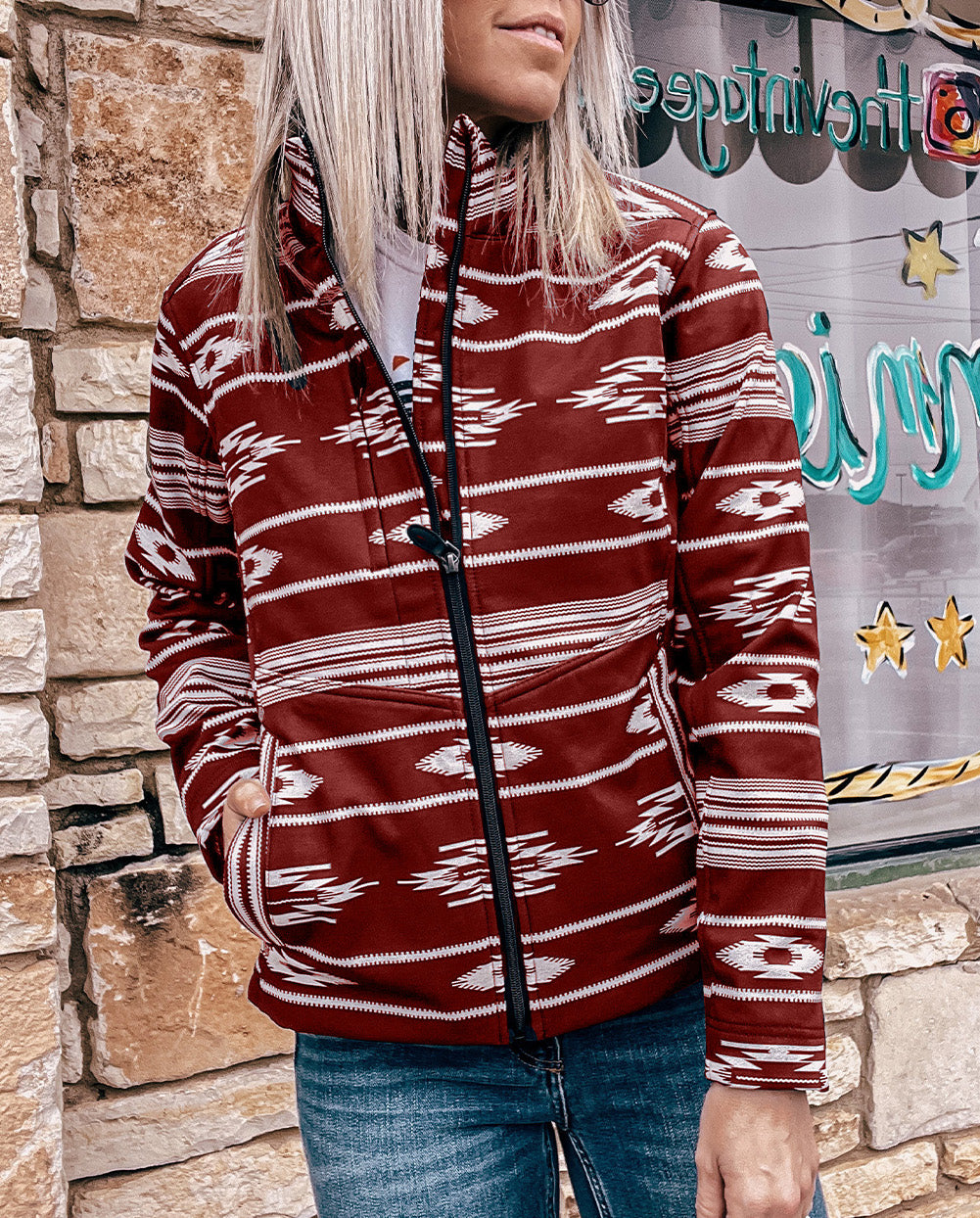 Western Aztec Print Zipped Jacket