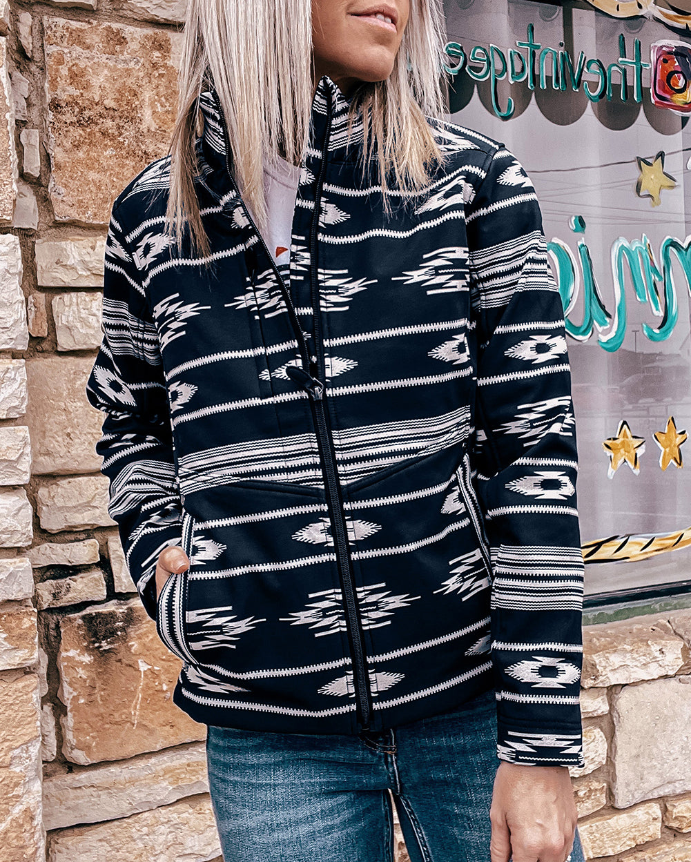 Western Aztec Print Zipped Jacket