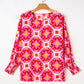 Geometric Print Shirred Cuff 3/4 Sleeve Loose Blouse