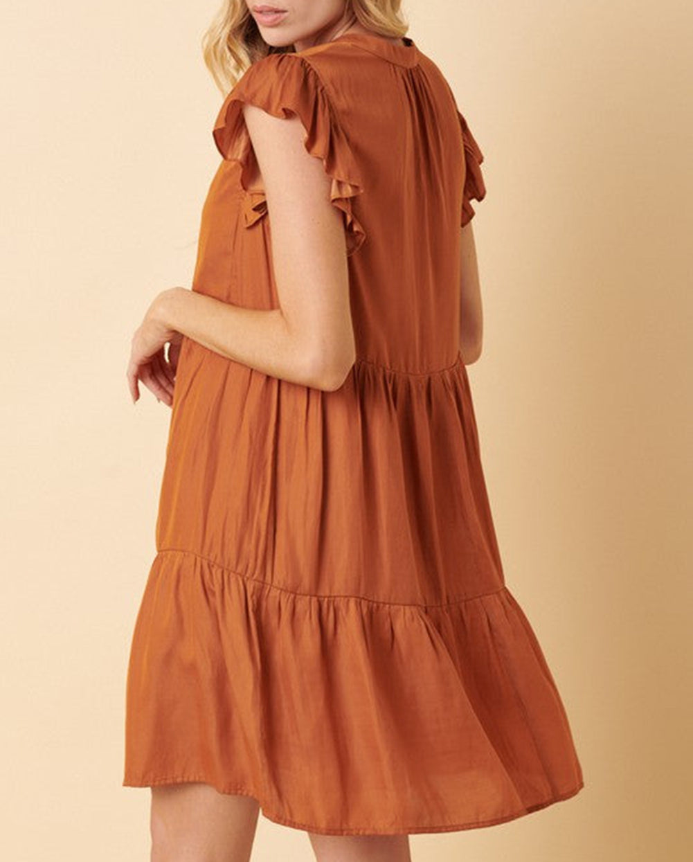 Ruffled Sleeve Notched V Neck Tiered Mini Dress