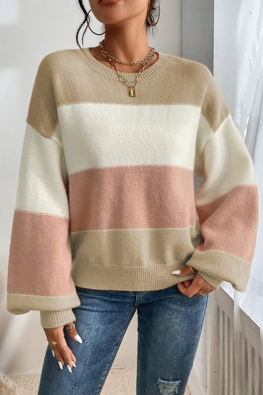 Color Block Lantern Sleeve Drop Shoulder Sweater