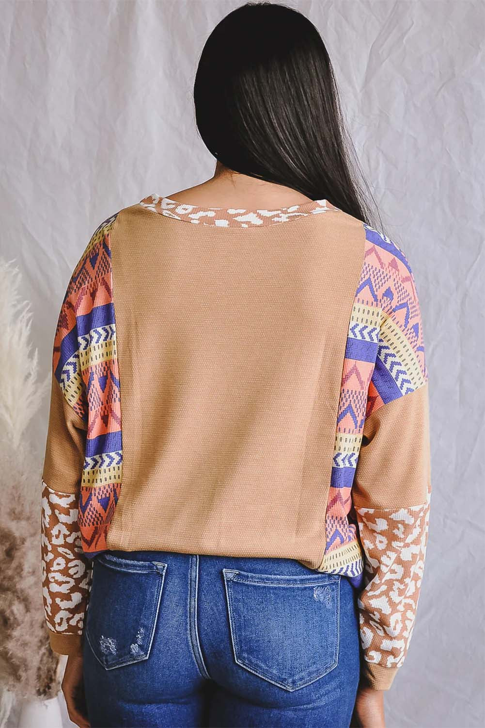Western Print Patchwork Long Sleeve Tee