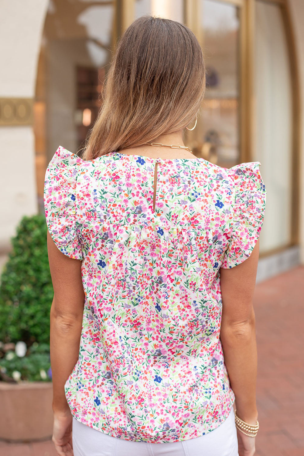 Floral Embroidered Pom Pom Trim Flutter Sleeve Blouse