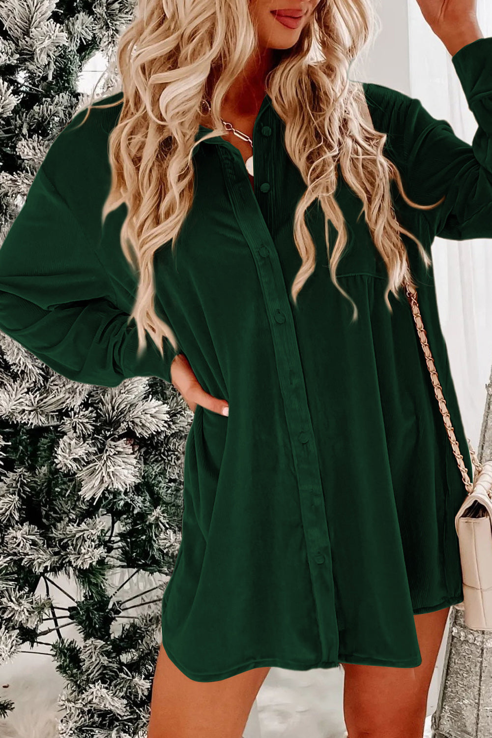 Velvet Button Front Shirt Mini Dress