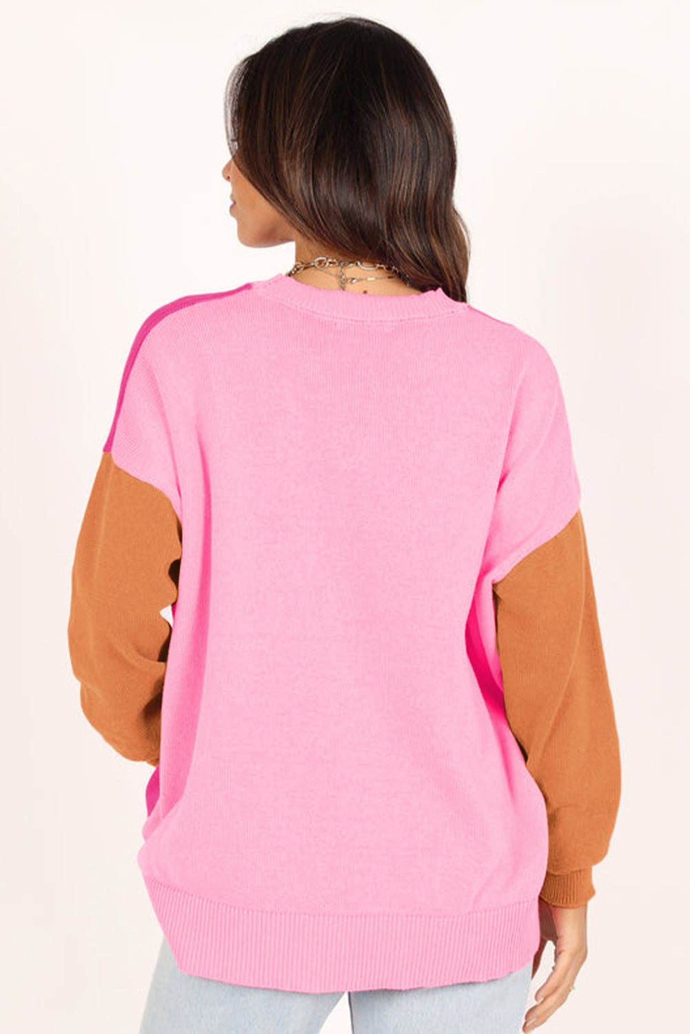 Three Tone Contrast Round Neck Loose Sweater