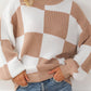 Checkered Ribbed Knit Puff Sleeve Sweater