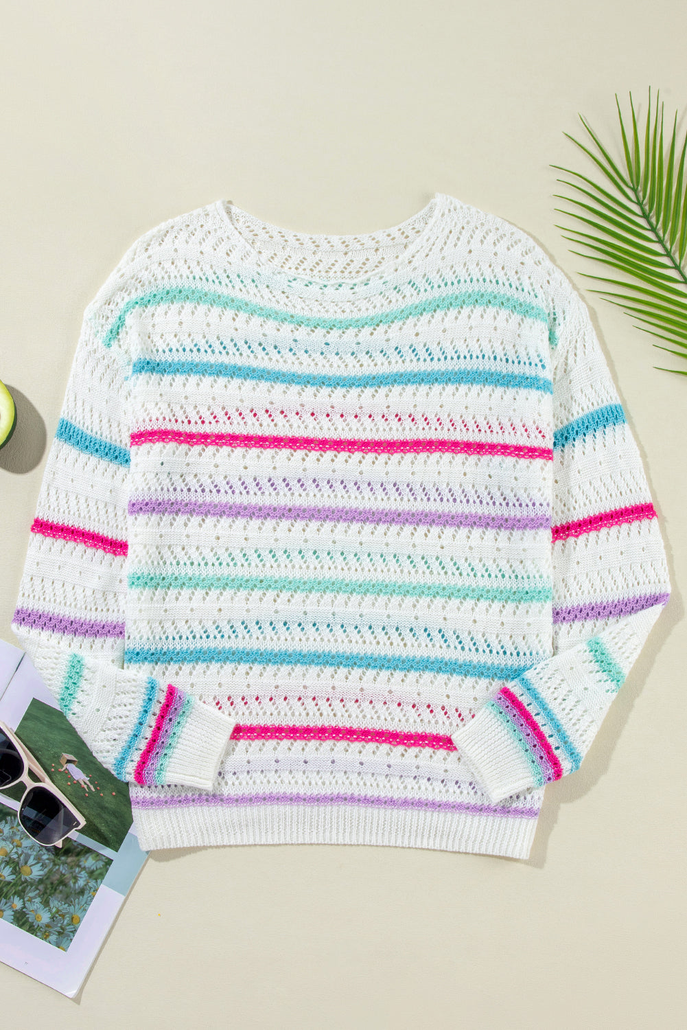 Striped Hollowed Crochet Loose Fit Sweater