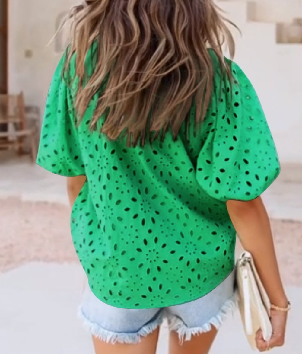 Flower Embroidered Hollow-out Puff Sleeve Blouse