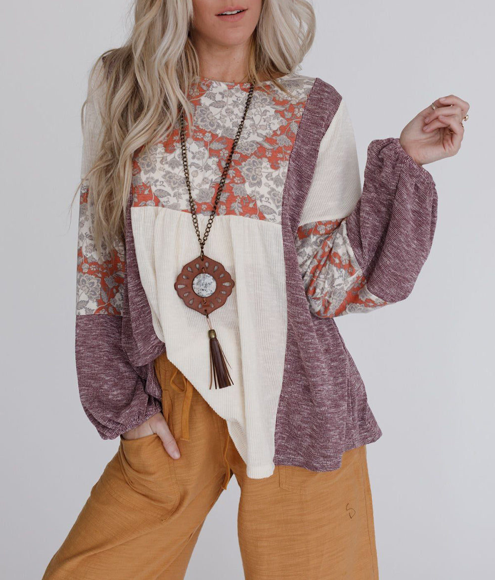 Floral Colorblock Bubble Sleeve Ribbed Knit Top