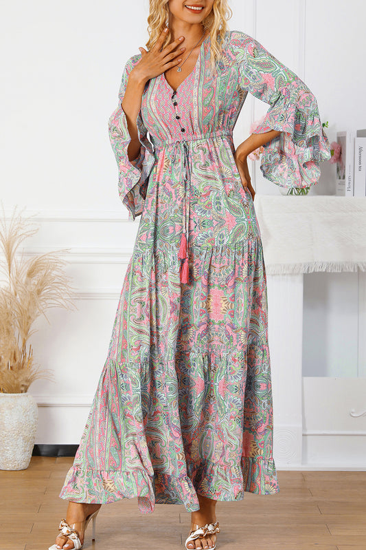 Paisley Printed Ruffle Trim Elegant Maxi Dress