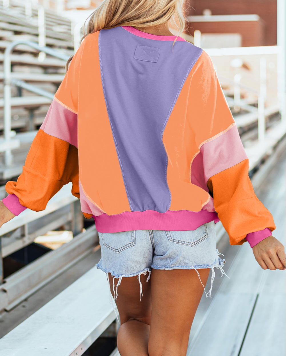 Colorblock Patchwork Exposed Stitching Oversize Top