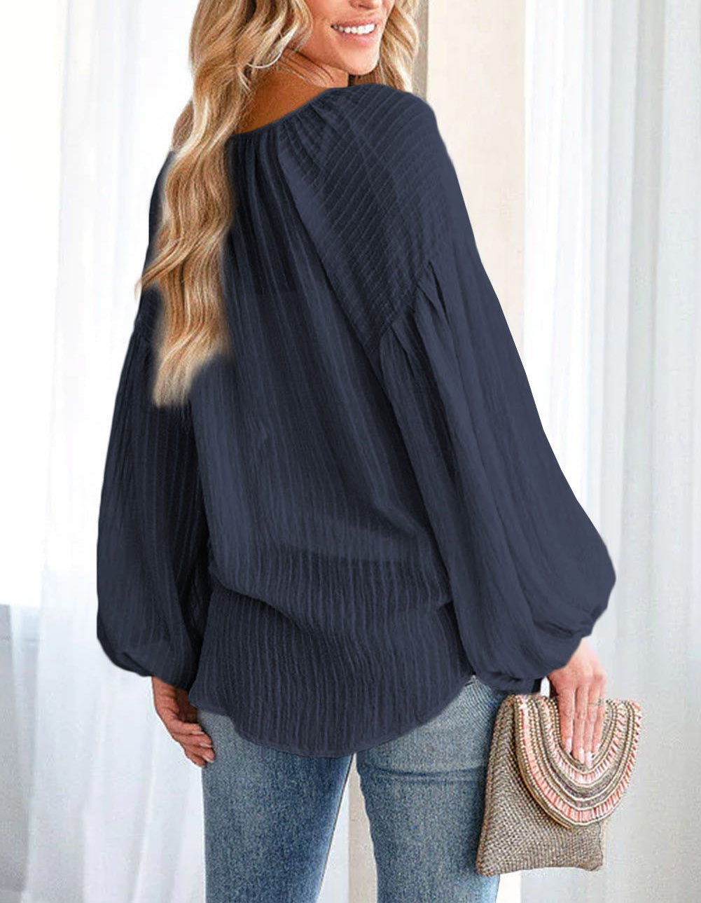 Lantern Sleeve Stripe Tassel Drawstring Blouse