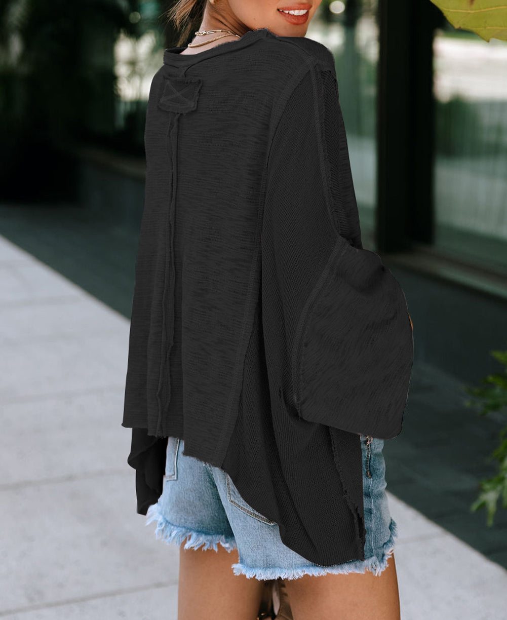Exposed Seam Chest Pocket Loose Sleeve Oversized Top