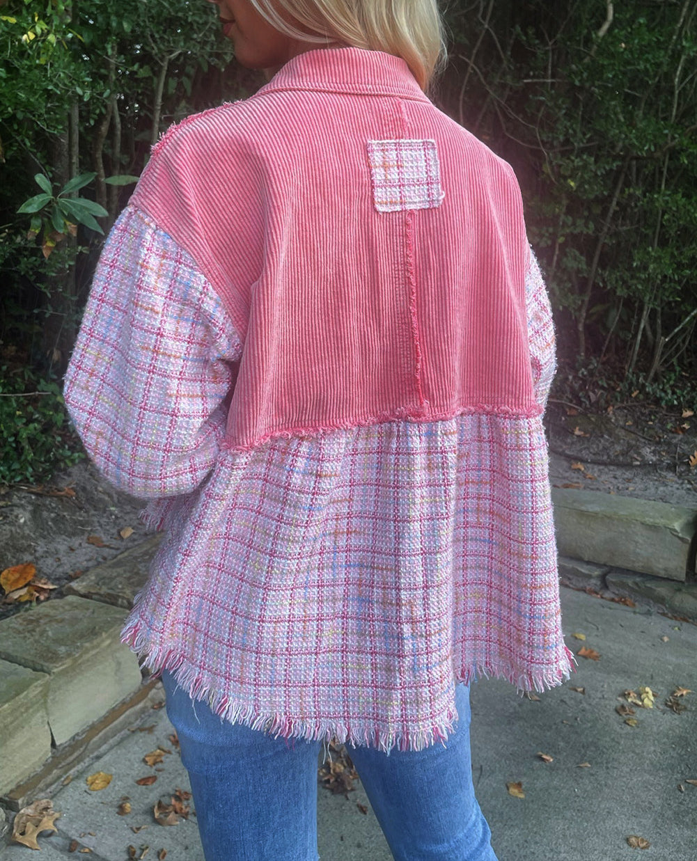 Frayed Tweed Plaid Patchwork Buttoned Jacket