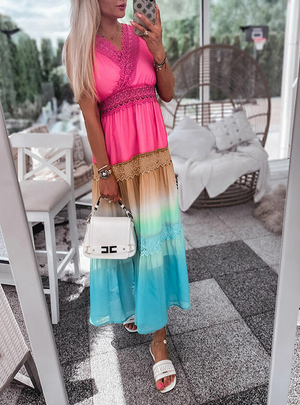 Lace Stitching Gradient Rainbow Long Dress