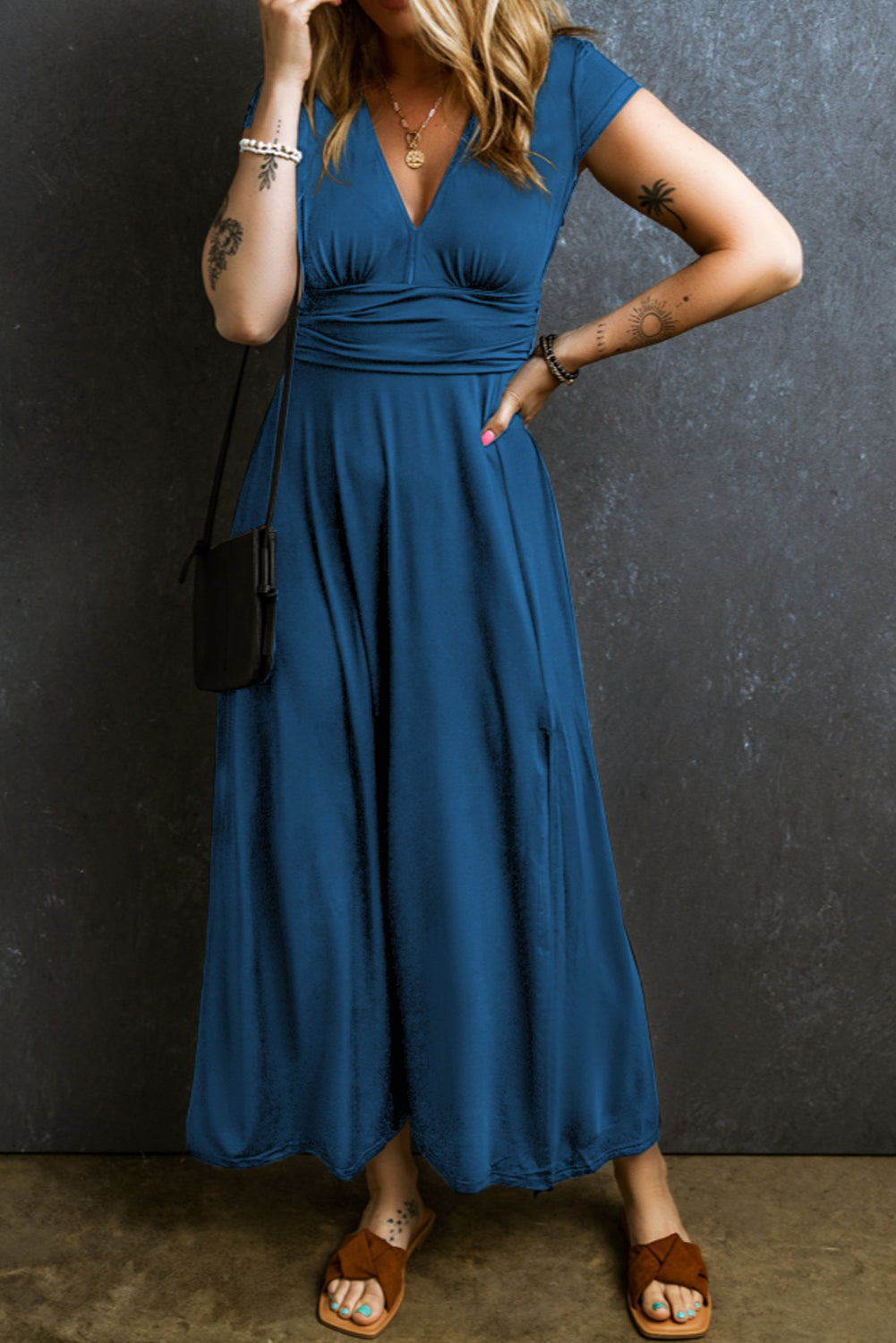 Short Sleeve Shirred High Waist V Neck Maxi Dress