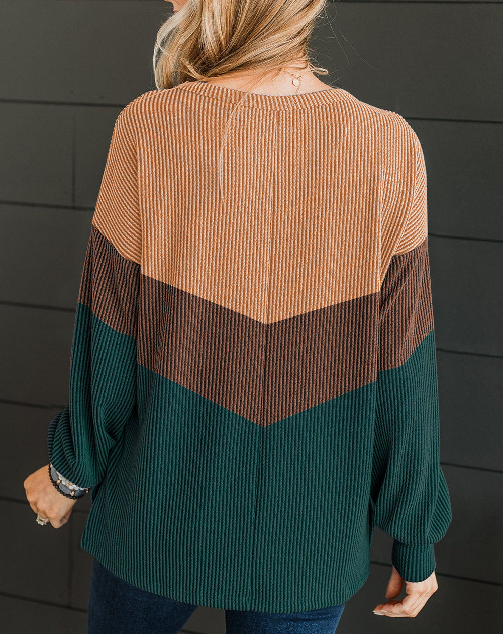 Color Block Corded Texture Long Sleeve Top