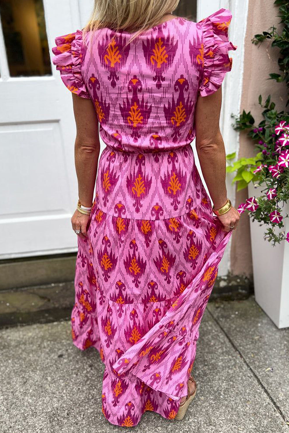 Retro Print Twisted Front Ruffled Sleeve Maxi Dress