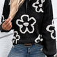 Contrast Flower Half Zipper Stand Neck Sweater