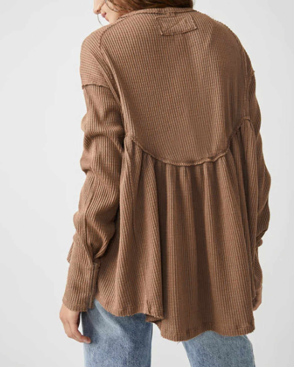 Solid Color Ribbed Long Sleeve Peplum Blouse