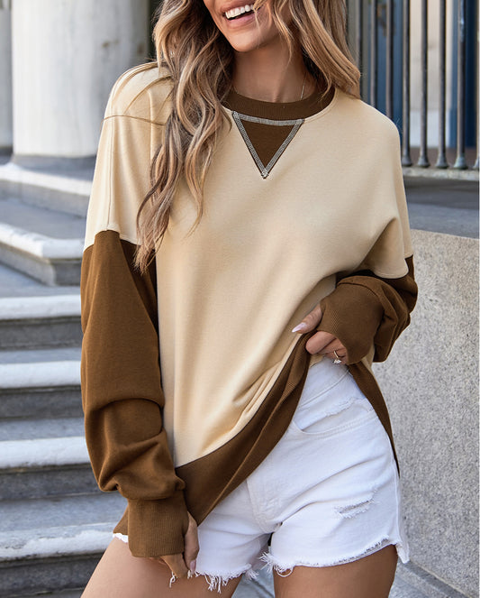 Apricot Color Block Thumbhole Sleeve Drop Shoulder Sweatshirt