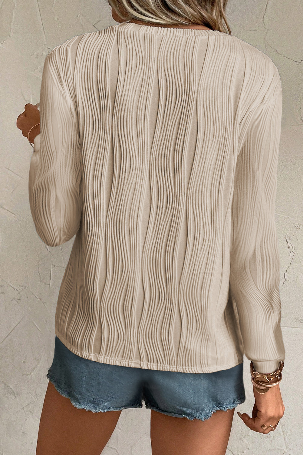 Textured Wavy Round Neck Long Sleeve Top