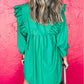 Embroidered Ruffled Trim 3/4 Sleeve V Neck Mini Dress