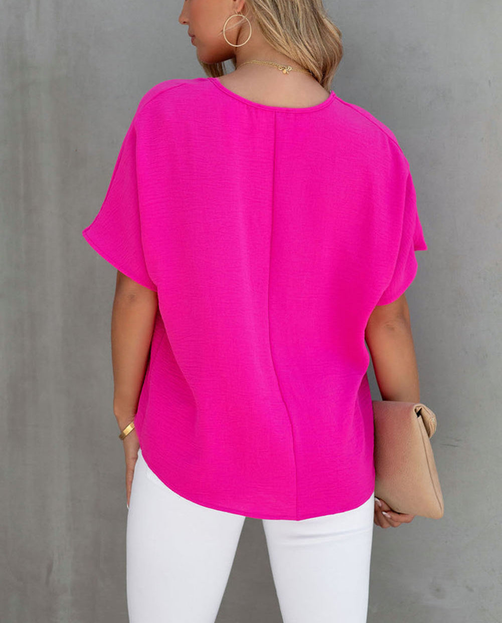 Solid V Neck Short Sleeve Blouse