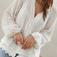 White Delicate Hollowed V Neck Lace Hem Shirt