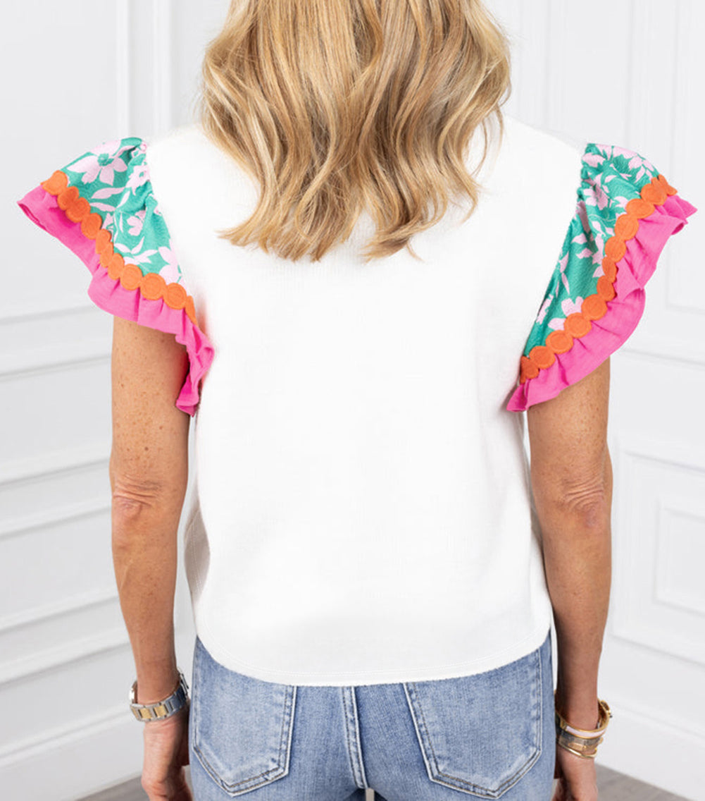 Contrast Ricrac Floral Sleeve Top