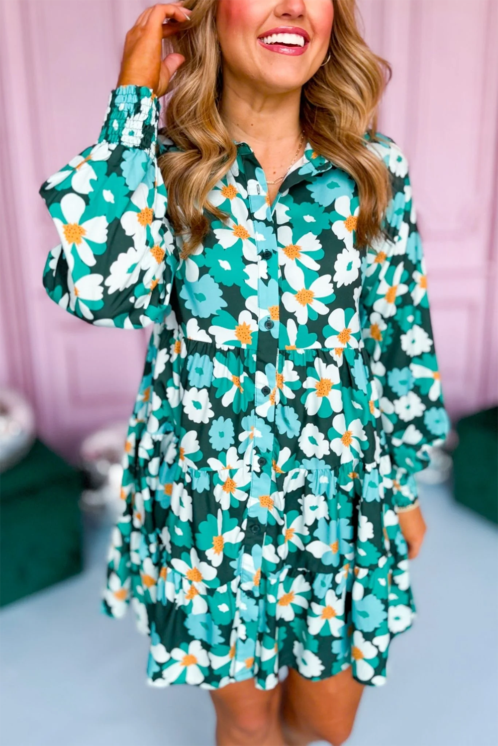 Floral Tiered Long Puff Sleeve Shirt Dress