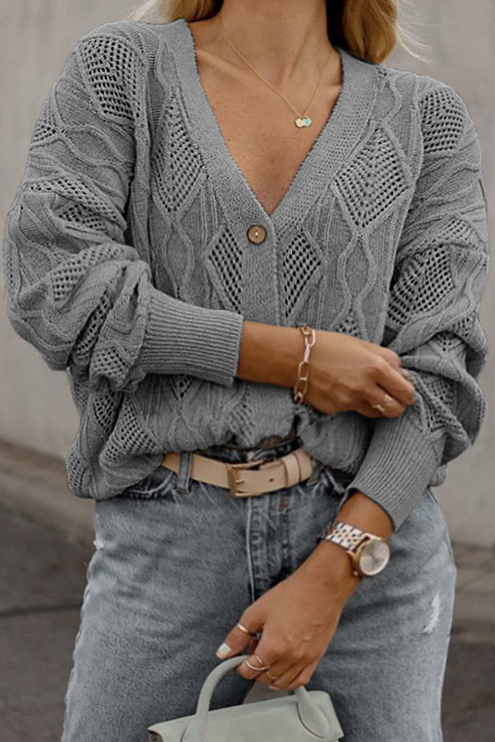Plus Size Knitted Hollow out Button up Cardigan