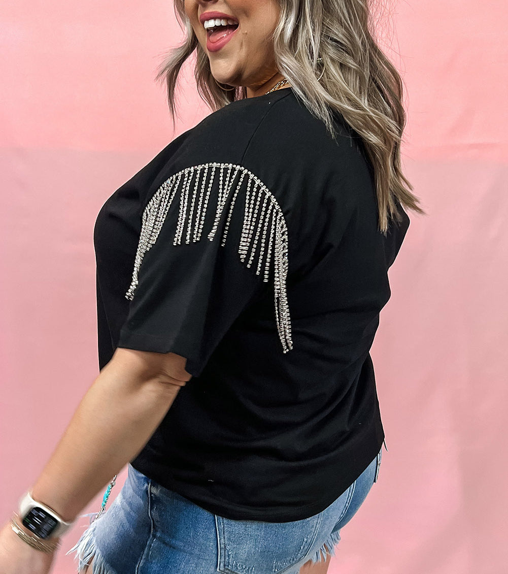 Black Plus Size Short Sleeve Fringe Knit T-Shirt