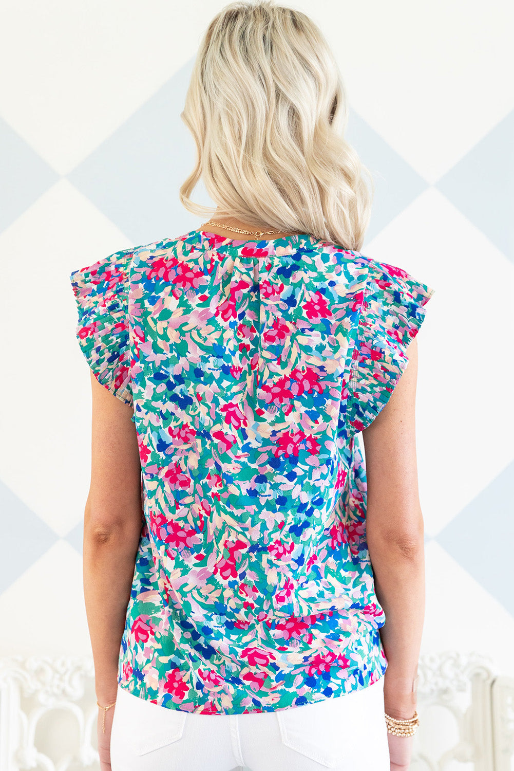 Pleated Flutter Sleeve Tie V Neck Floral Blouse