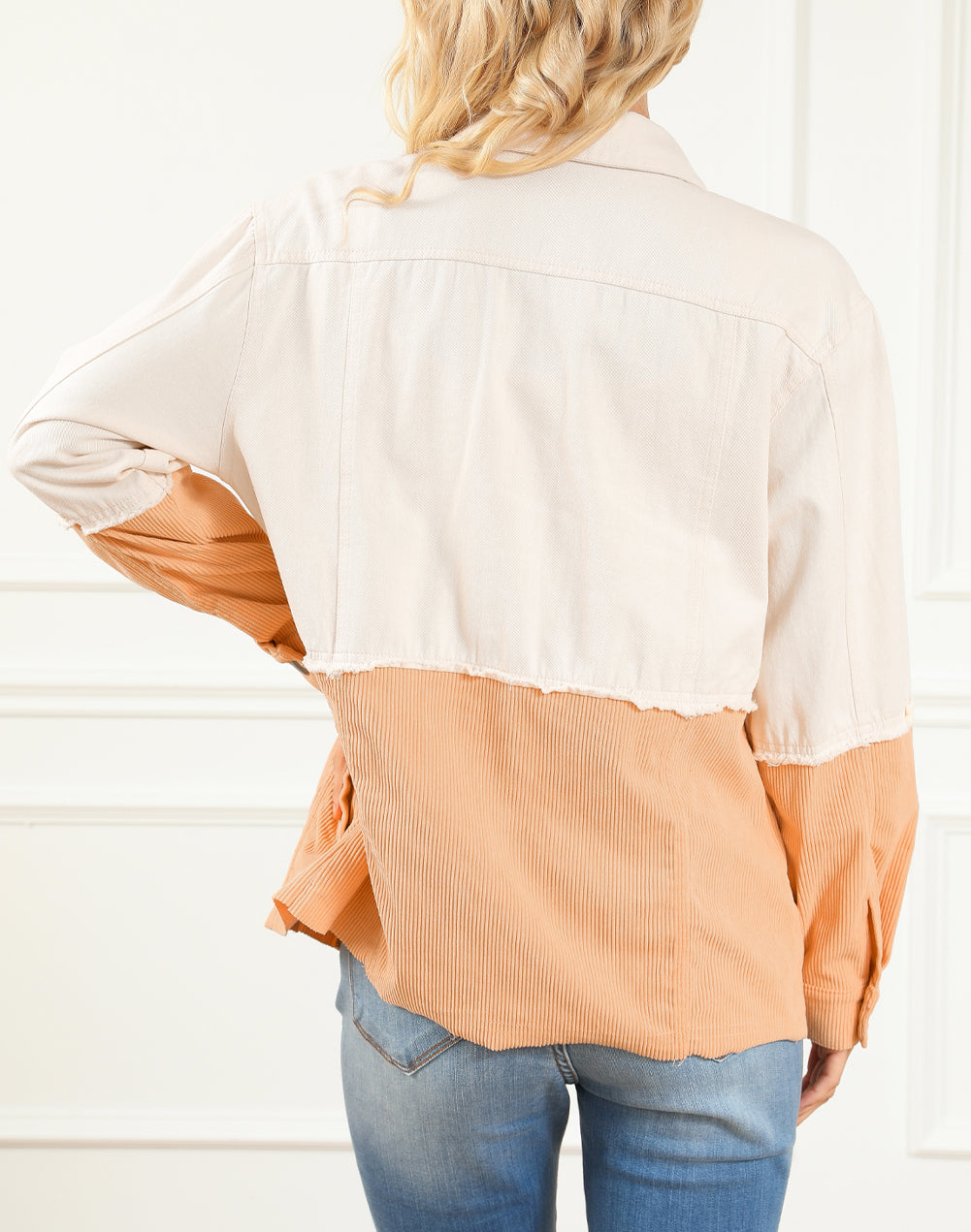 Two Toned Colorblock Cord Chambray Flap Pockets Jacket
