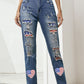 Heart-shape American Flag Patch Frayed Jeans