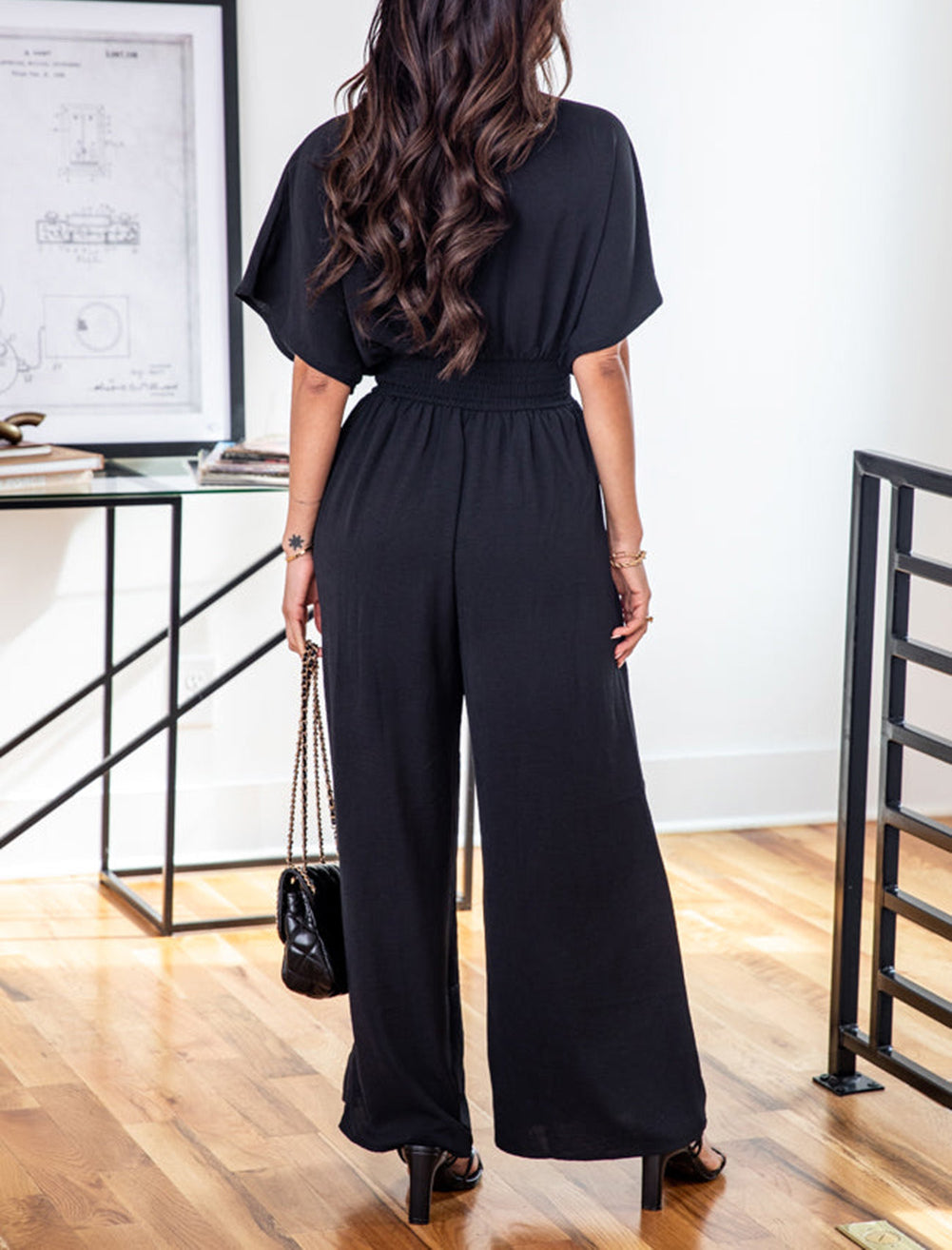 Black Deep V Neck High Waist Wide Leg Jumpsuit