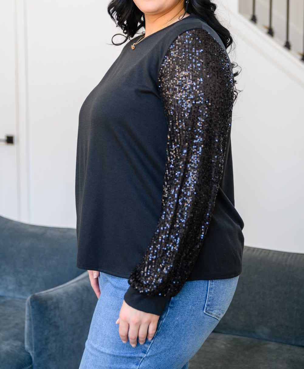 Sequin Contrast Long Sleeve Plus Size Top