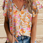 Split V Neck Flutter Sleeve Flower Blouse