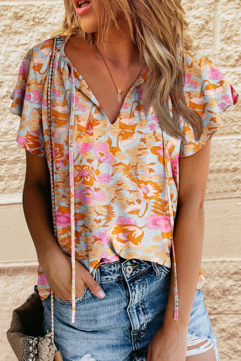 Split V Neck Flutter Sleeve Flower Blouse