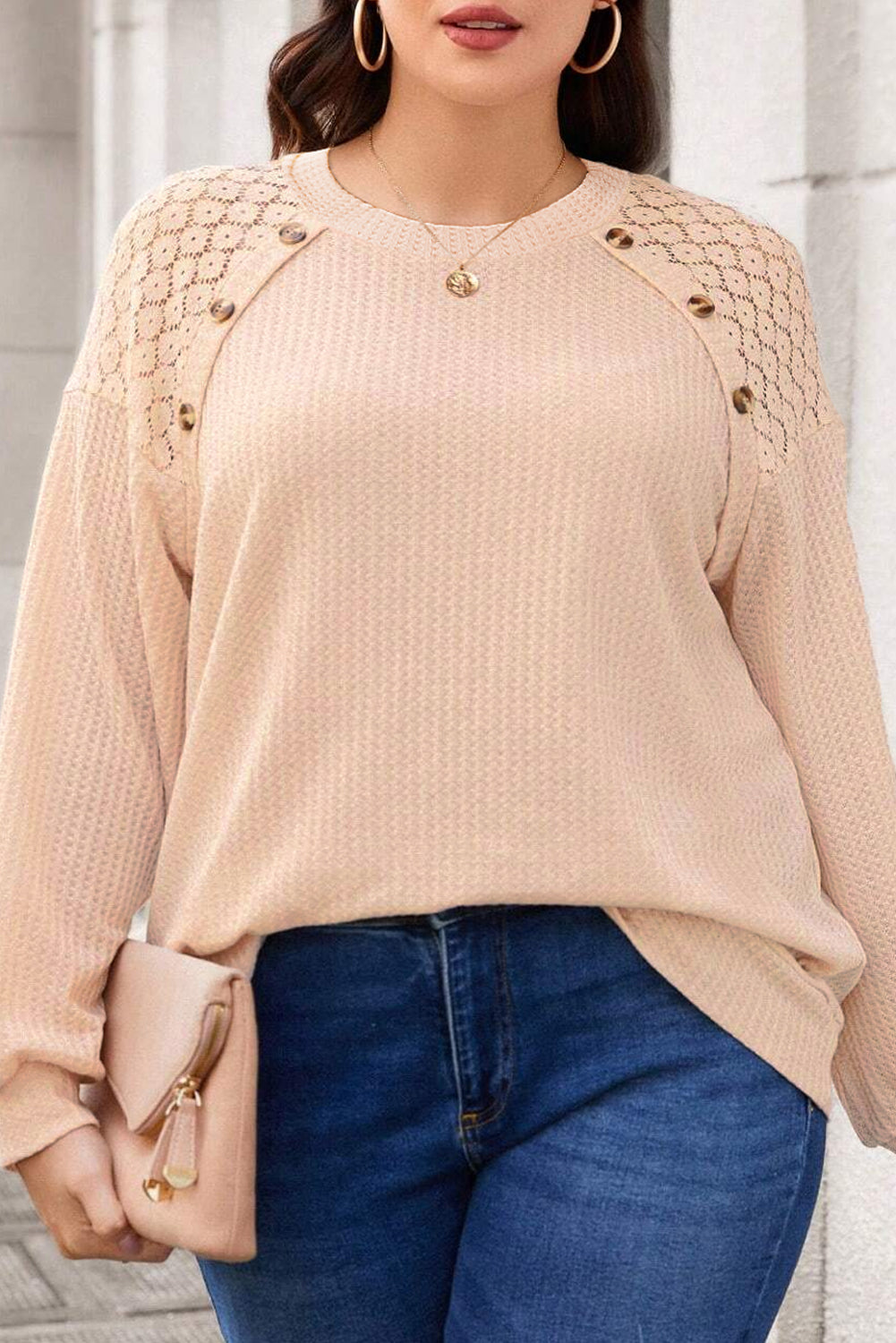 Plus Size Lace Patchwork Buttons Waffle Knit Top