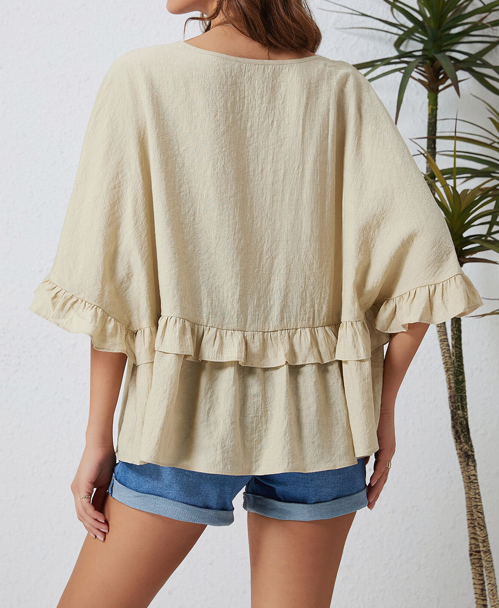 V Neck Draped Batwing Sleeve Ruffle Top